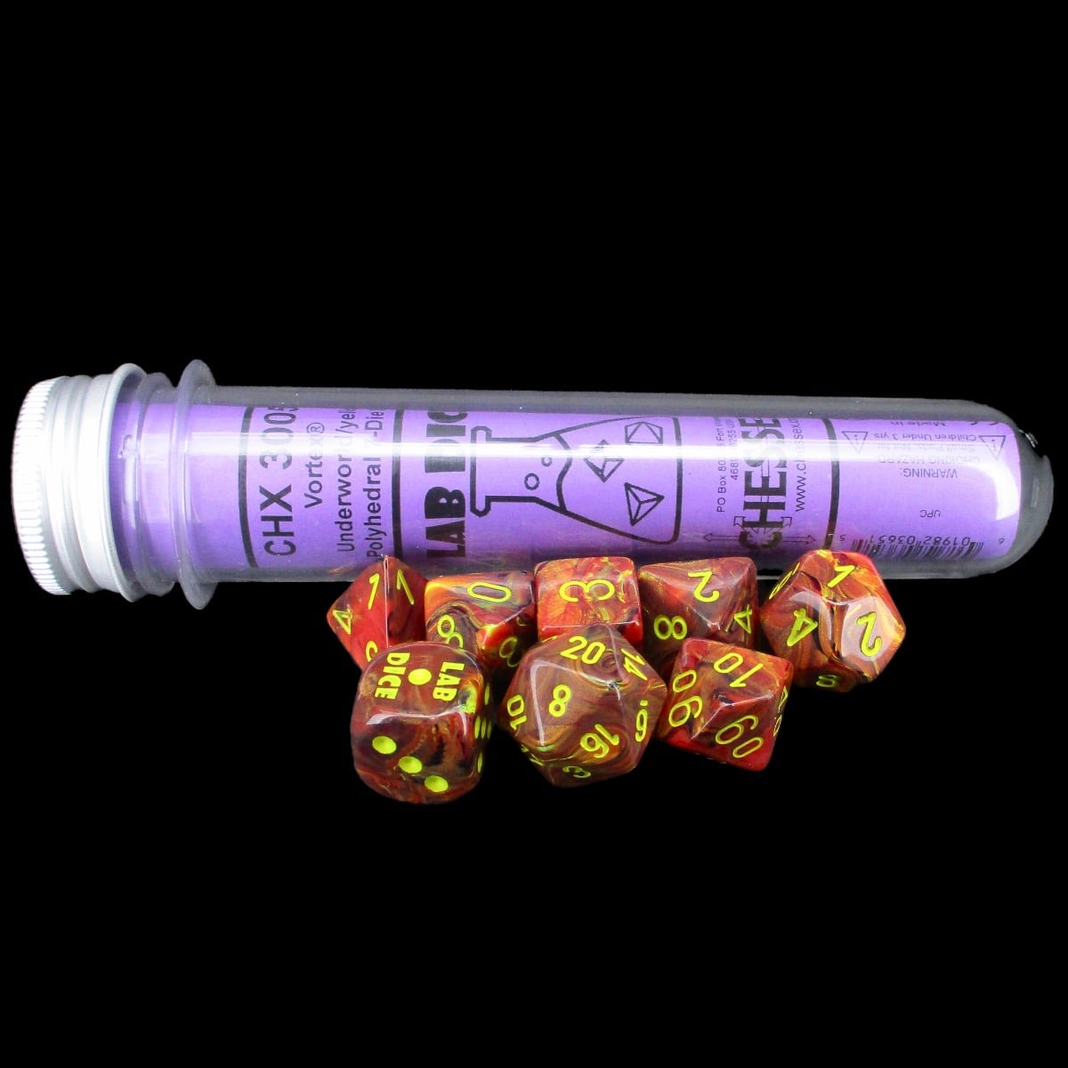 Chessex LAB 5 Vortex Underworld With Yellow 7 Dice Polyset + Bonus D6