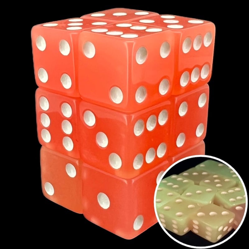 Koplow Glow in the Dark Peach Square Cornered 12 x D6 Dice Set
