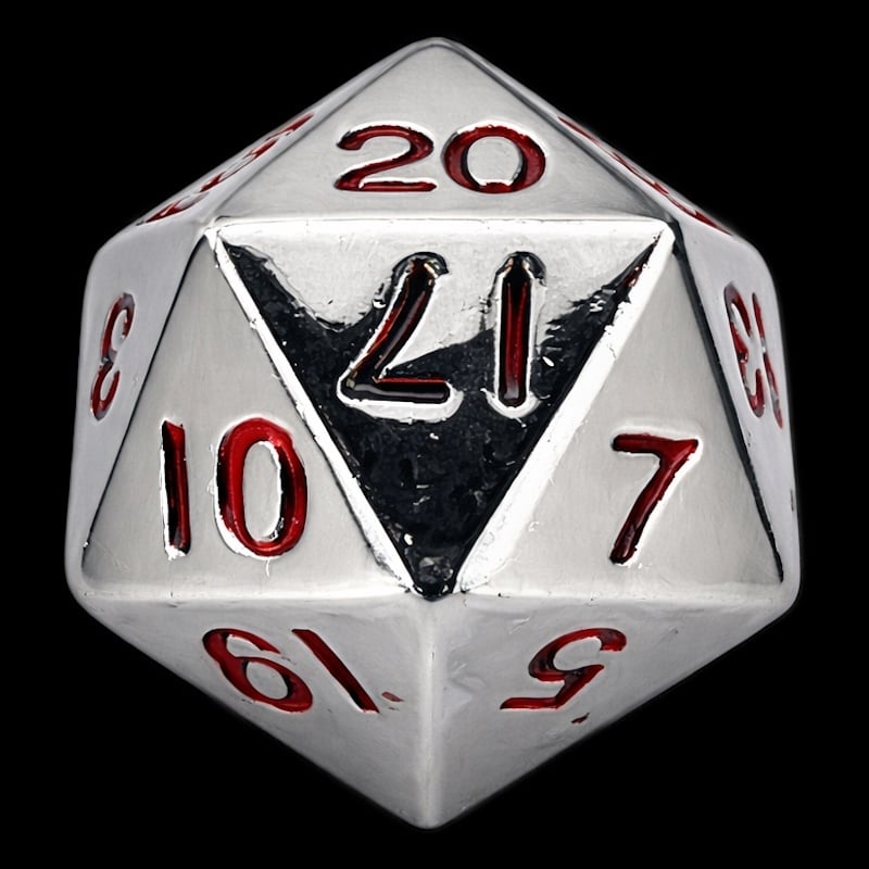 CLEARANCE Koplow Metal Silver & Red 20mm D20 Dice
