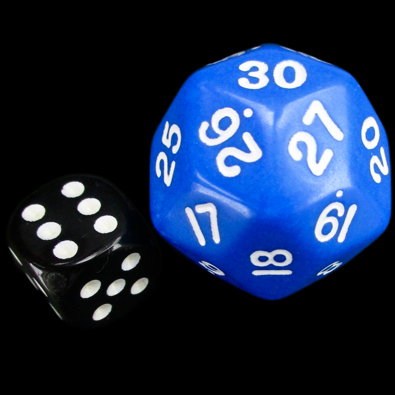 Koplow Opaque Blue &amp; White Spindown  / Countdown 33mm D30 Dice