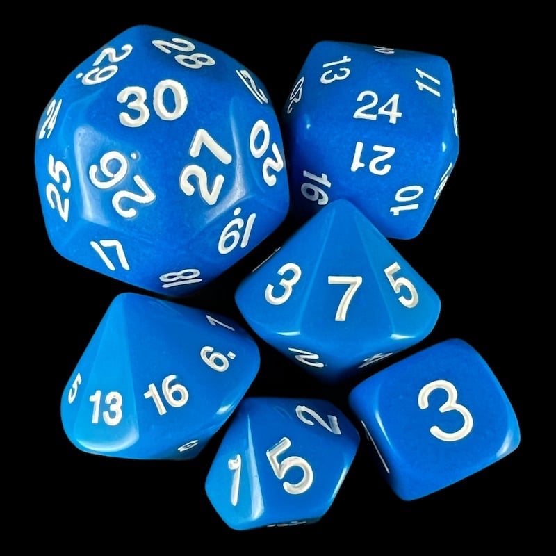 Koplow Opaque Blue & White Who Knew? D3 D5 D7 D16 D24 D30 Dice Set