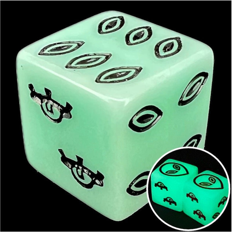 Koplow Opaque Glow in the Dark & Black Alien Logo D6 Spot Dice
