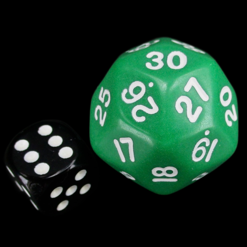 Koplow Opaque Green &amp; White Spindown  / Countdown 33mm D30 Dice