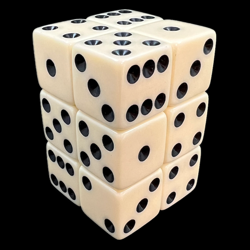 Koplow Opaque Ivory & Black Square Cornered 12 x D6 Dice Set