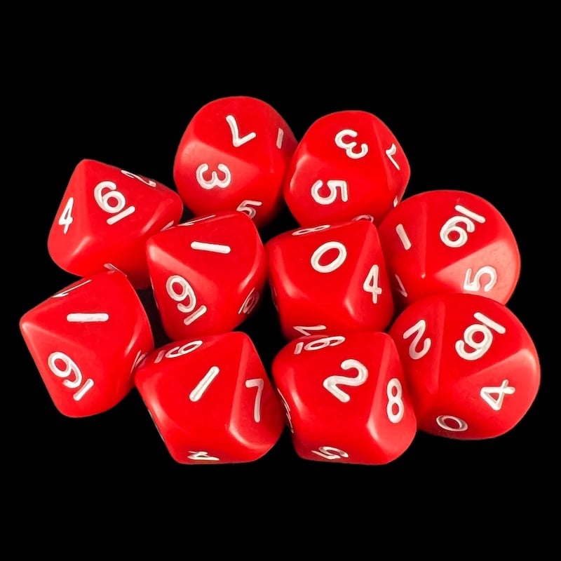 Koplow Opaque Red & White 10 x D10 Dice Set