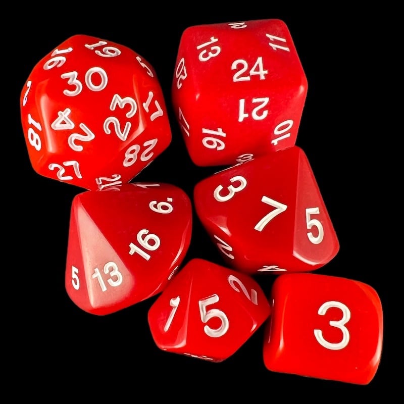 Koplow Opaque Red & White Who Knew? D3 D5 D7 D16 D24 D30 Dice Set