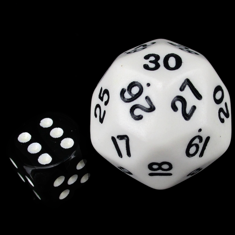 Koplow Opaque White &amp; Black Spindown  / Countdown 33mm D30 Dice
