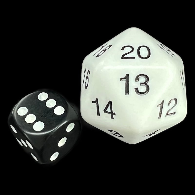 Koplow Opaque White &amp; Black JUMBO 30mm Spindown  / Countdown D20 Dice