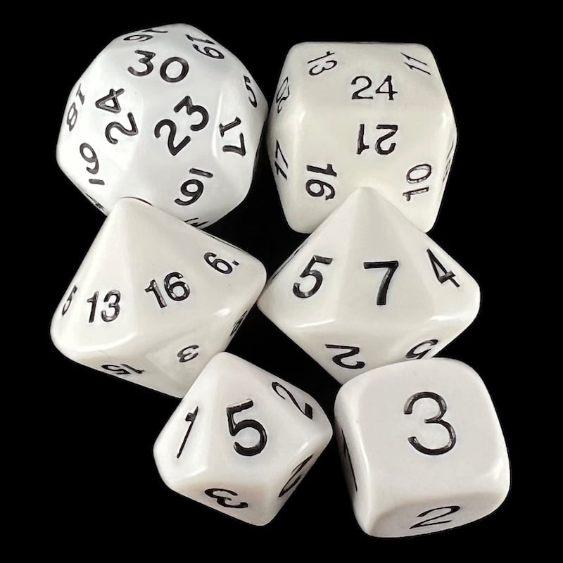 Koplow Opaque White & Black Who Knew? D3 D5 D7 D16 D24 D30 Dice Set