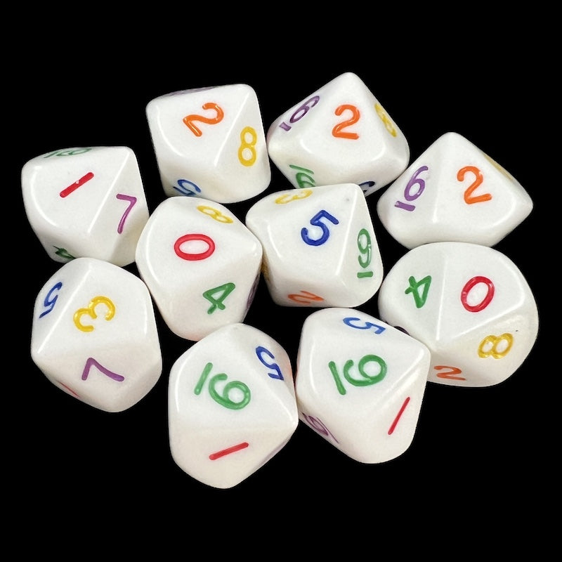 Koplow Opaque White & Rainbow Multi Colour 10 x D10 Dice Set