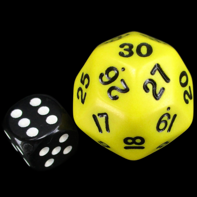 Koplow Opaque Yellow &amp; Black Spindown  / Countdown 33mm D30 Dice