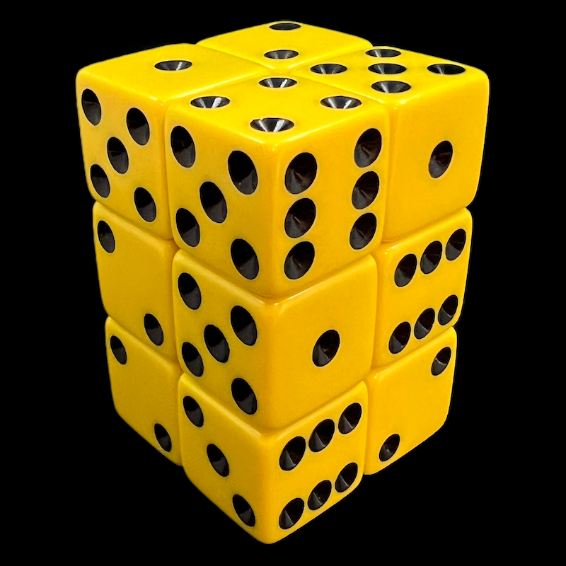 Koplow Opaque Yellow & Black Square Cornered 12 x D6 Dice Set