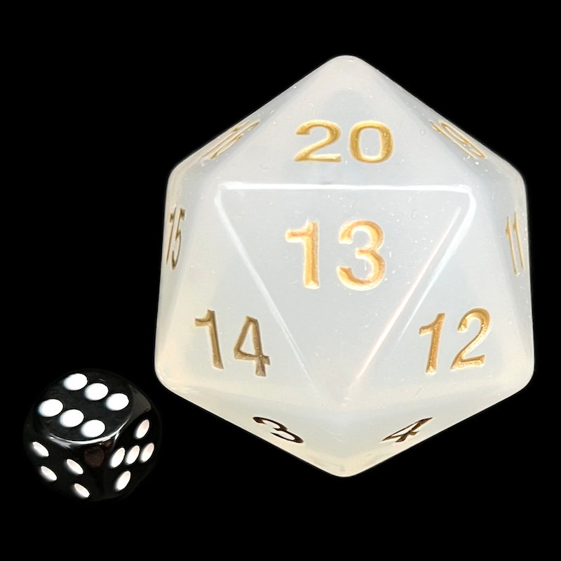 Koplow Pearl White Gold MASSIVE Spindown  / Countdown 55mm D20 Dice