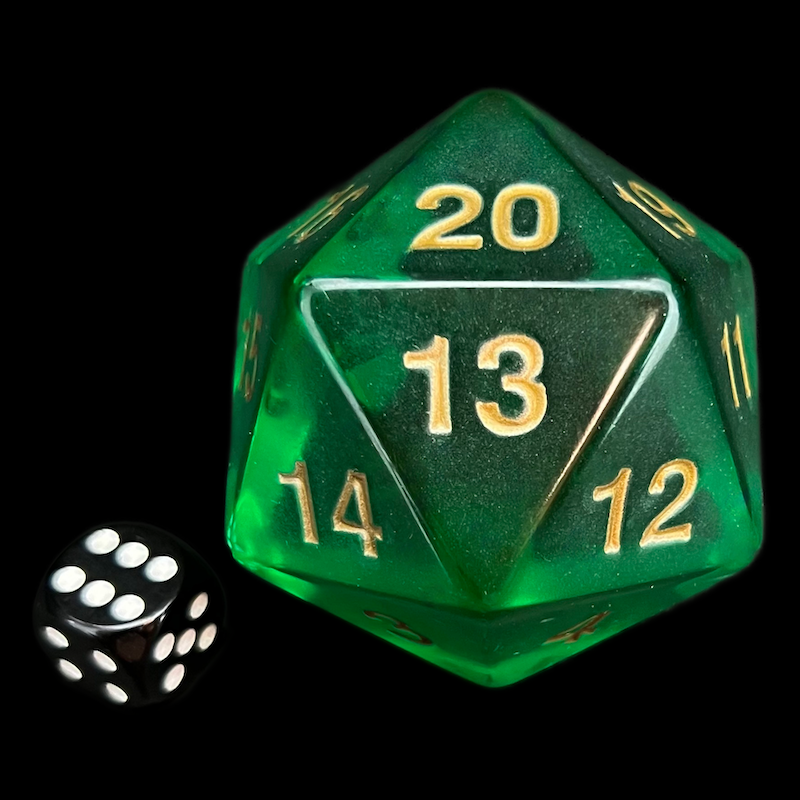 Koplow Transparent Emerald Gold MASSIVE Spindown  / Countdown 55mm D20 Dice
