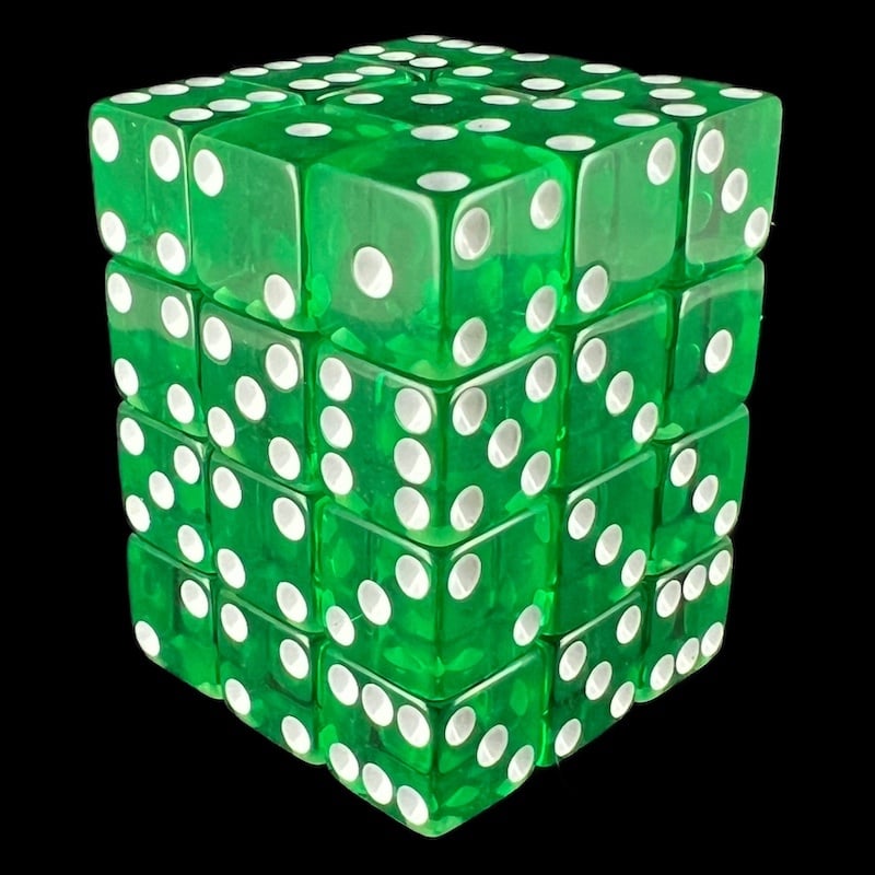 Koplow Transparent Green Square Cornered 36 x D6 Dice Set