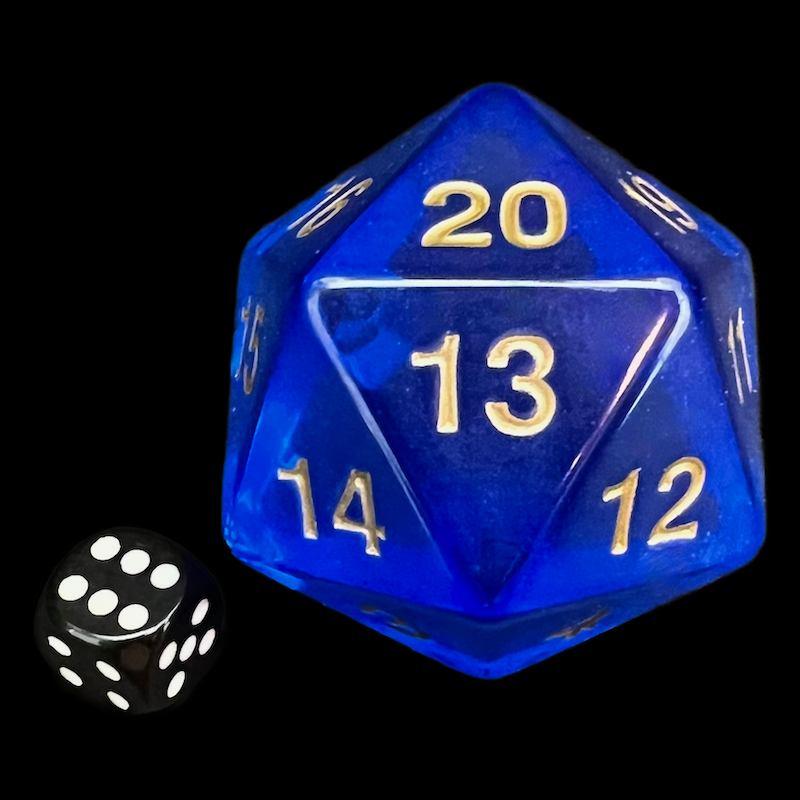 Koplow Transparent Sapphire Gold MASSIVE Spindown  / Countdown 55mm D20 Dice