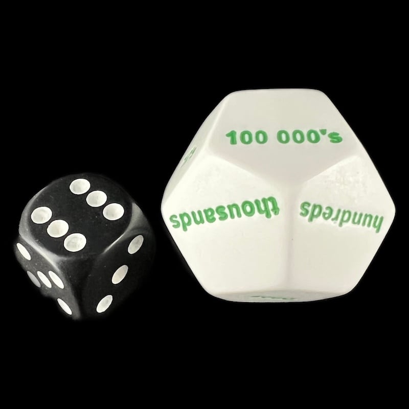 Koplow White & Green Place Value 1's to 100K JUMBO 28mm D12 Dice