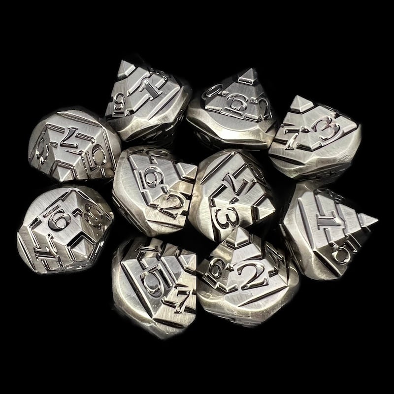 HALF PRICE CLEARANCE  TDSO Metal Tiger Stripe Antique Silver & Black 10 x D10 Dice Set