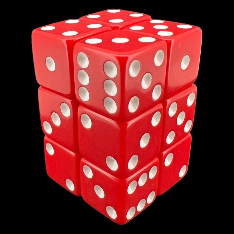 Koplow Opaque Red & White Square Cornered 12 x D6 Dice Set