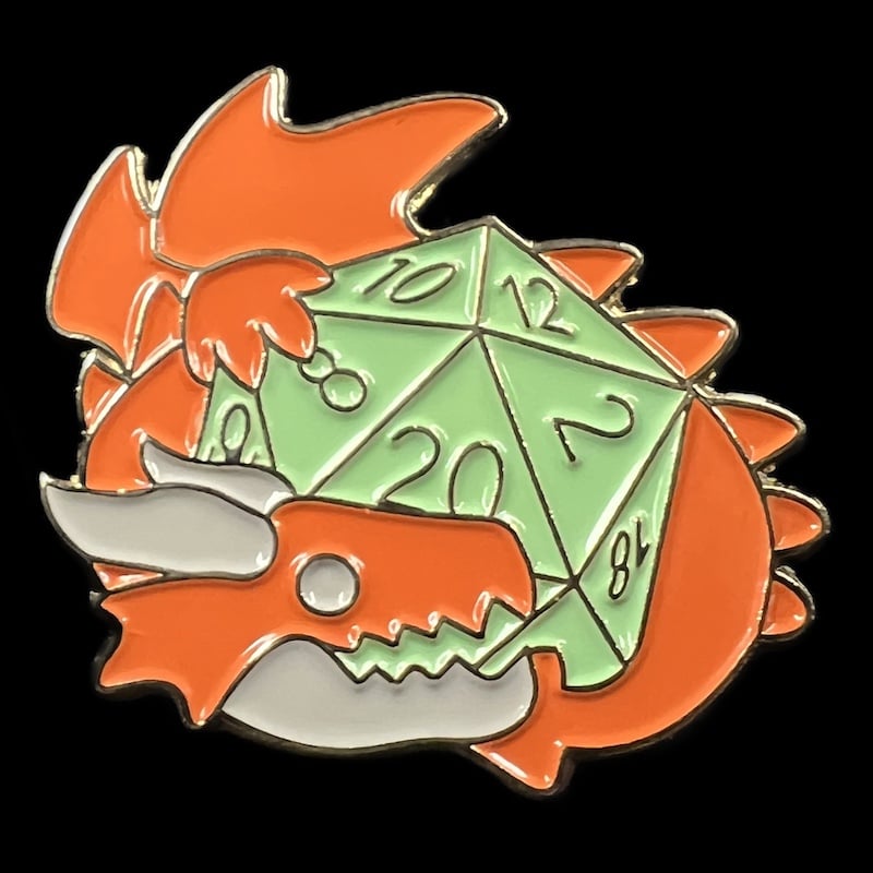 Gaming Pin Badge Dragon D20 Orange & Green