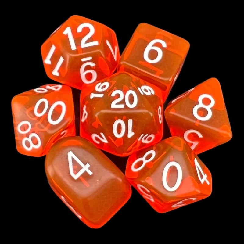 Role 4 Initiative Translucent Blood Orange & White 7 Dice Polyset with Arch D4