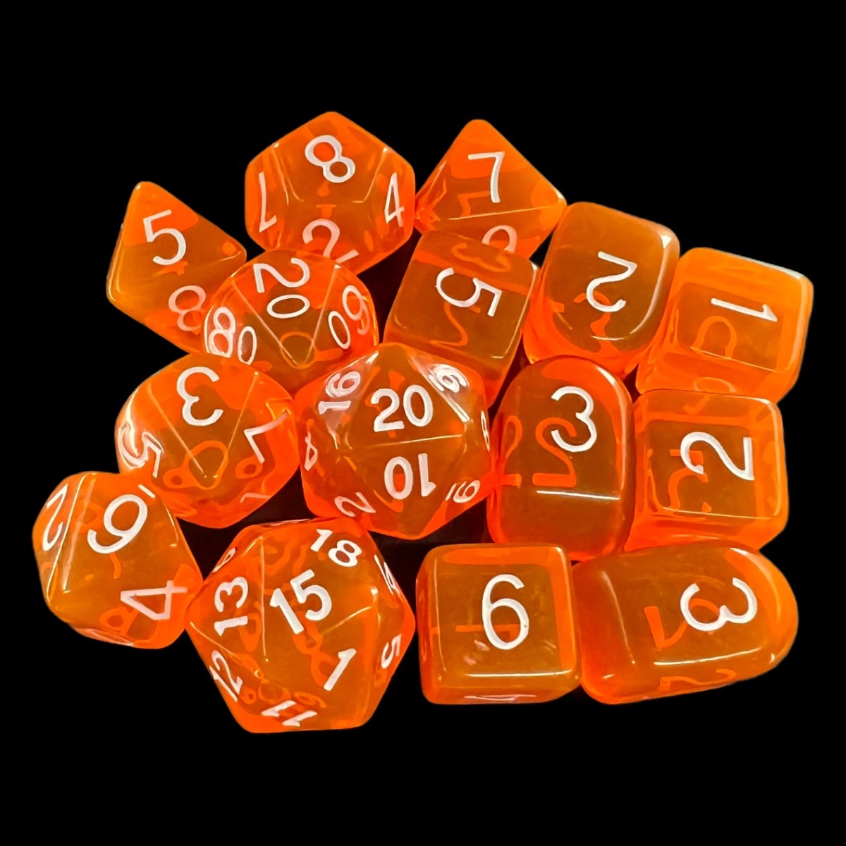 Role 4 Initiative Translucent Neon Orange & White 15 Dice Polyset with Arch D4s