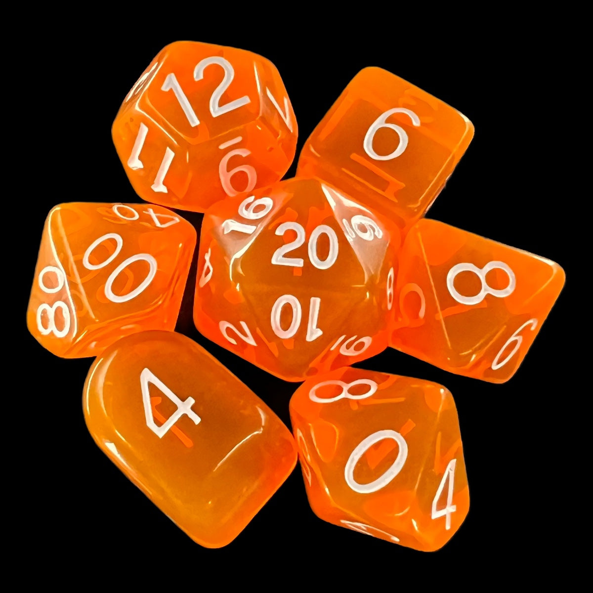Role 4 Initiative Translucent Neon Orange & White 7 Dice Polyset with Arch D4