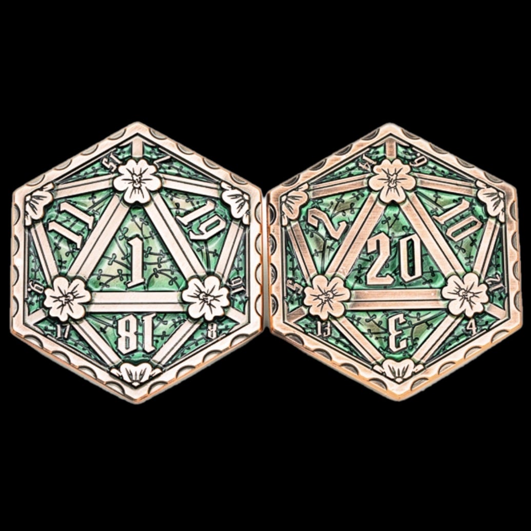 TDSO Metal Crit & Miss Ancient Copper &amp; Green Enamel D2 Dice Coin