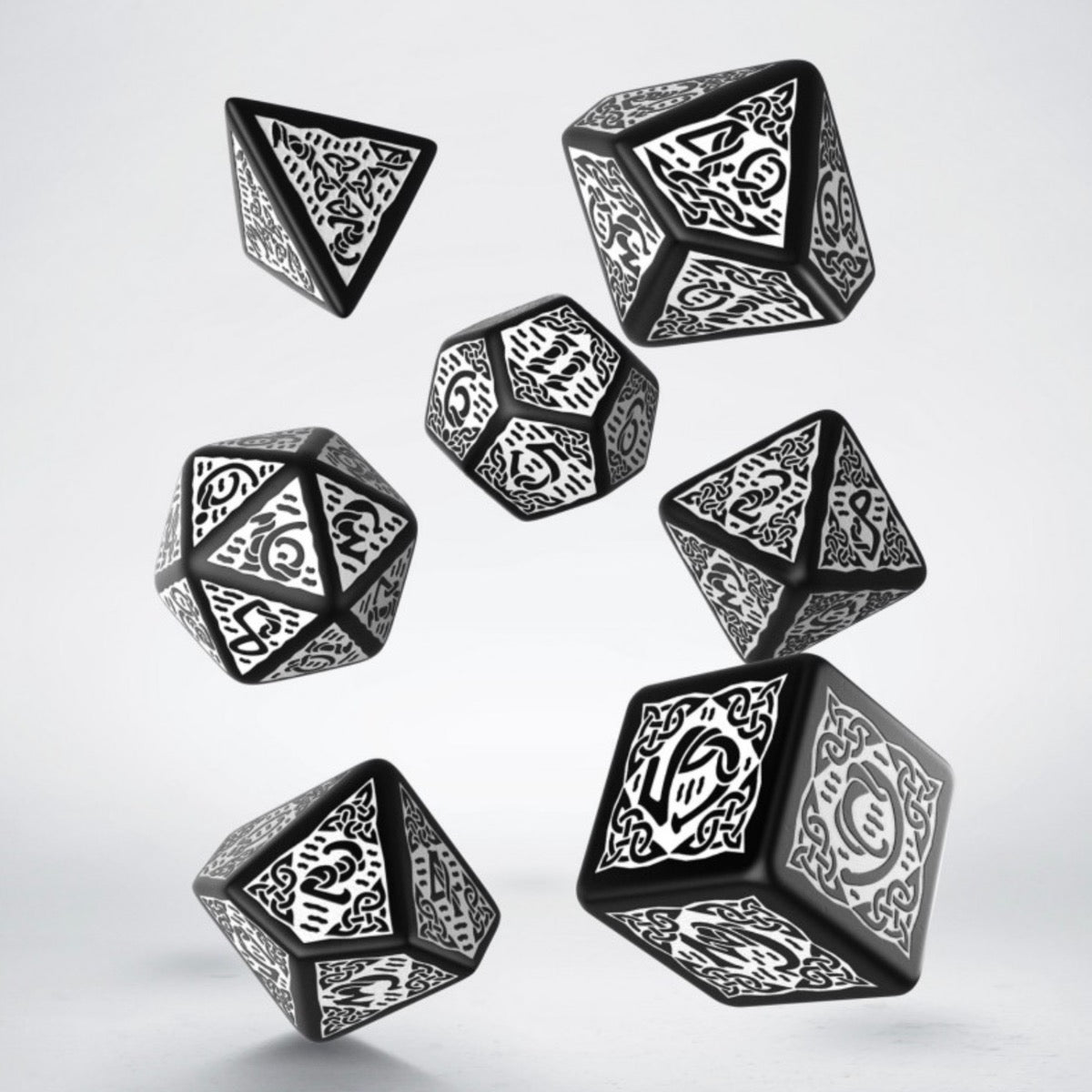Q Workshop Celtic 3D Opaque Black &amp; White 7 Dice Polyset