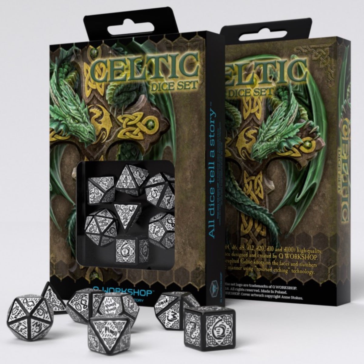 Q Workshop Celtic 3D Opaque Black &amp; White 7 Dice Polyset