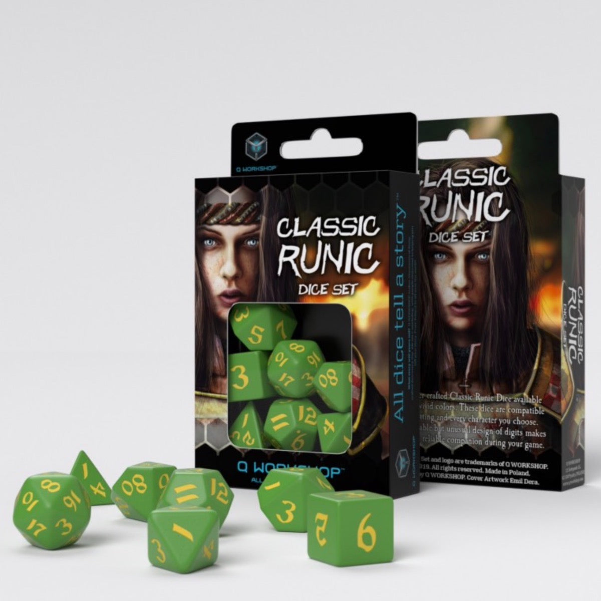 Q Workshop Classic Runic Green & Yellow 7 Dice Polyset