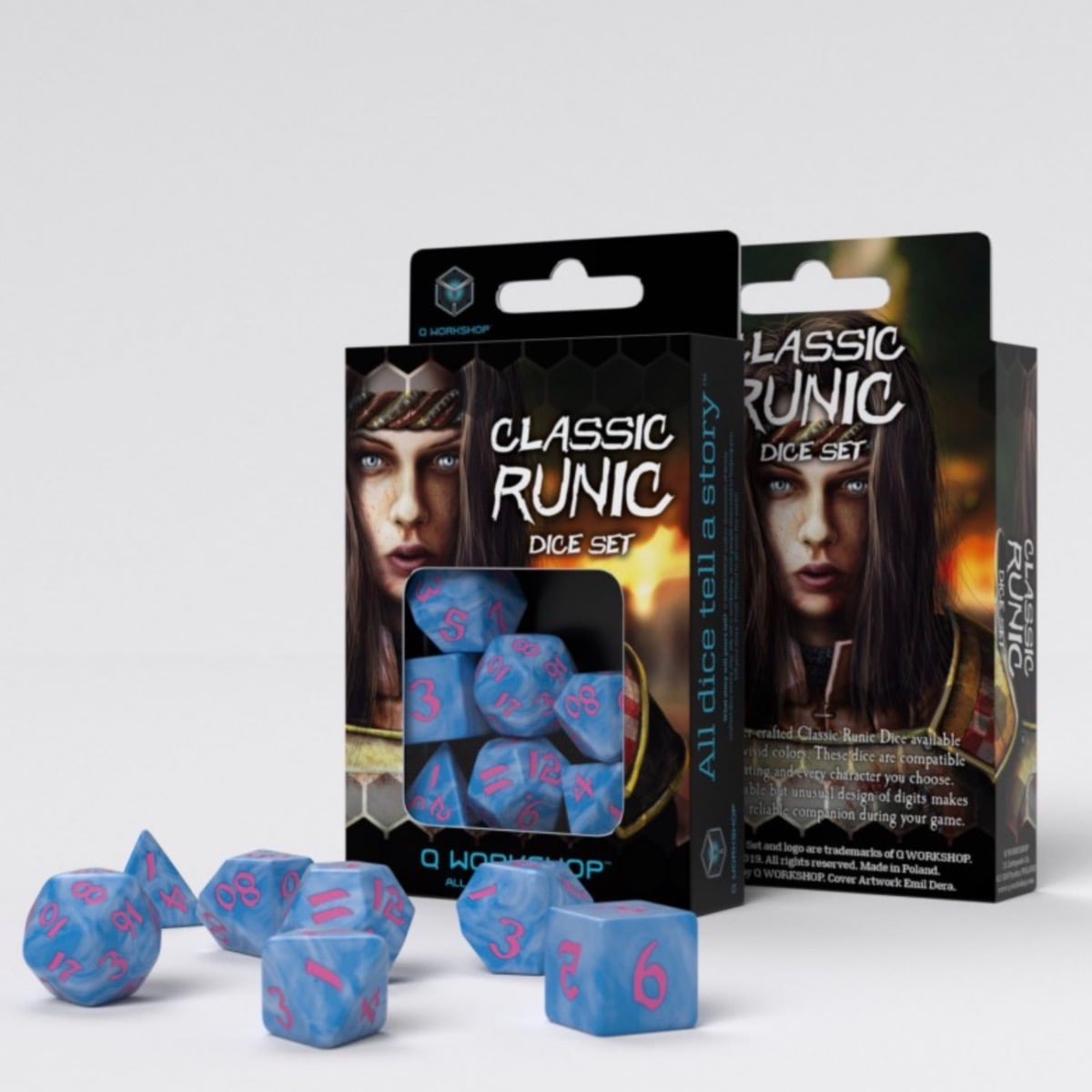 Q Workshop Classic Runic Glacier Blue & Pink 7 Dice Polyset