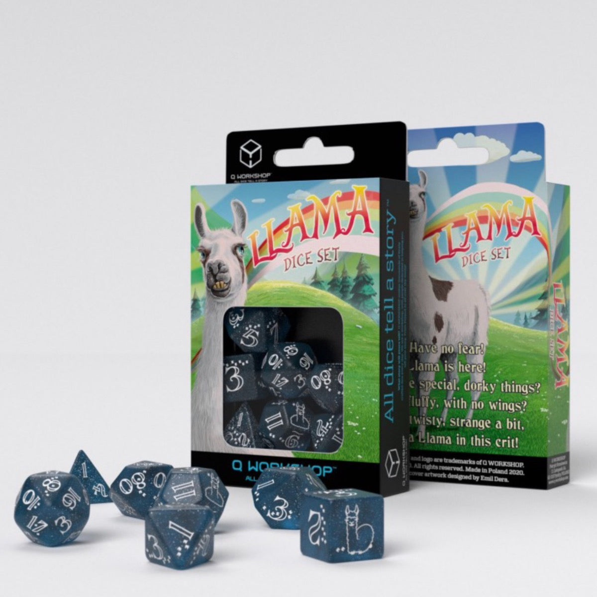 Q Workshop Llama Shimmering Dark Blue & White 7 Dice Polyset