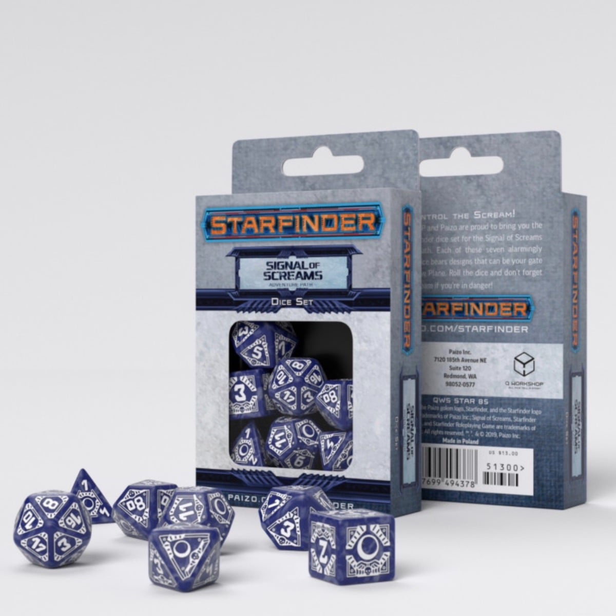 Q Workshop Starfinder Signal of Screams Blue & White 7 Dice Polyset