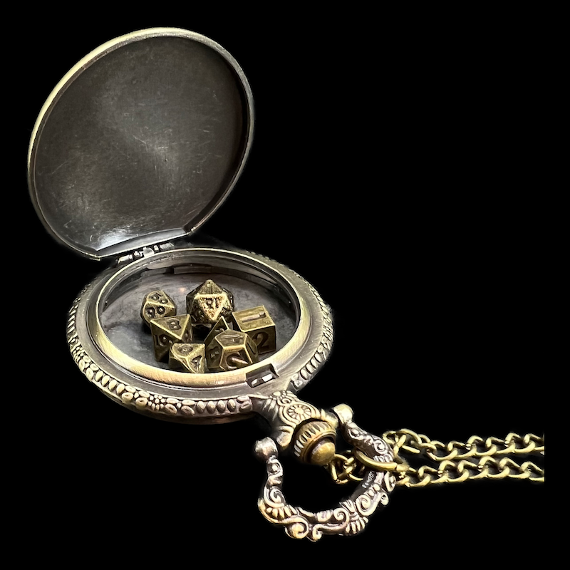 TDSO Antique Gold Metal Death Before Dishonour Fob Watch Case With Micro 7mm 7 Dice Polyset