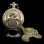 TDSO Antique Gold Dragon Rising & D20 CRIT Fob Watch Case With Micro 7mm 7 Dice Polyset