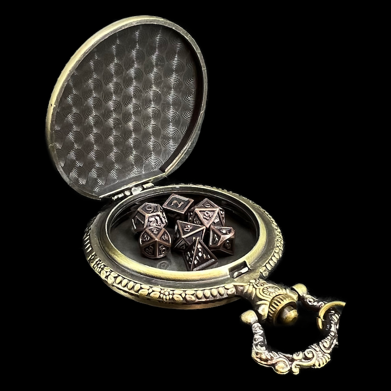 TDSO Antique Gold Dragon Rising & D20 CRIT Fob Watch Case With Micro 7mm 7 Dice Polyset