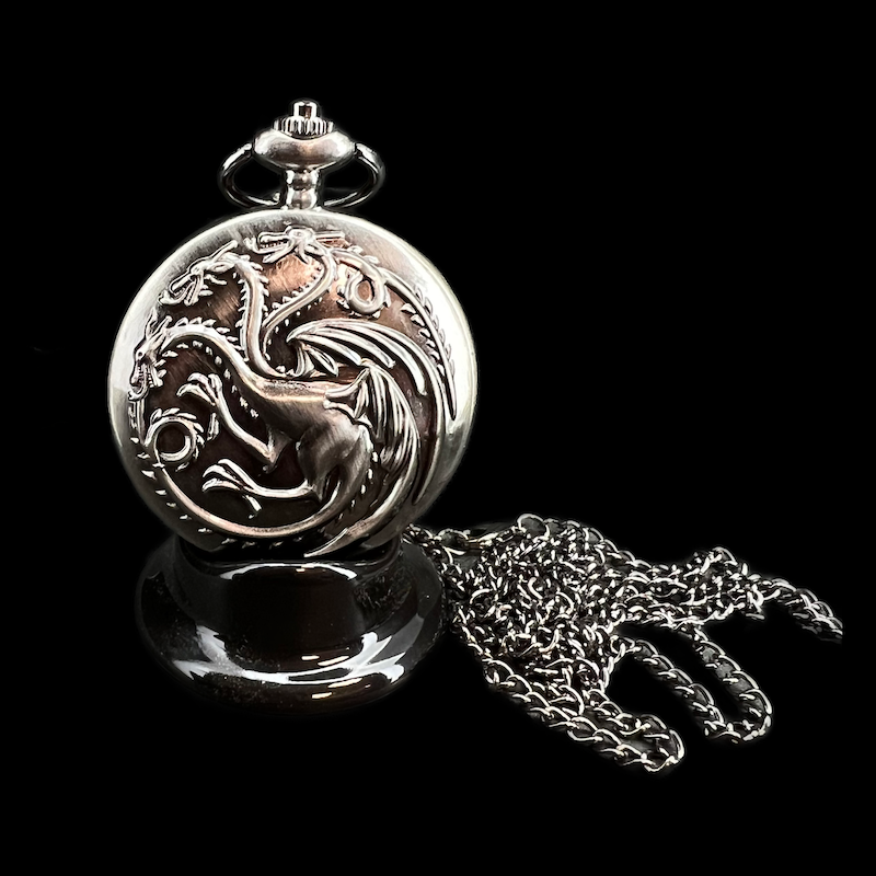 TDSO Antique Silver Metal Three Headed Dragon Fob Watch Case With Micro 7mm 7 Dice Polyset