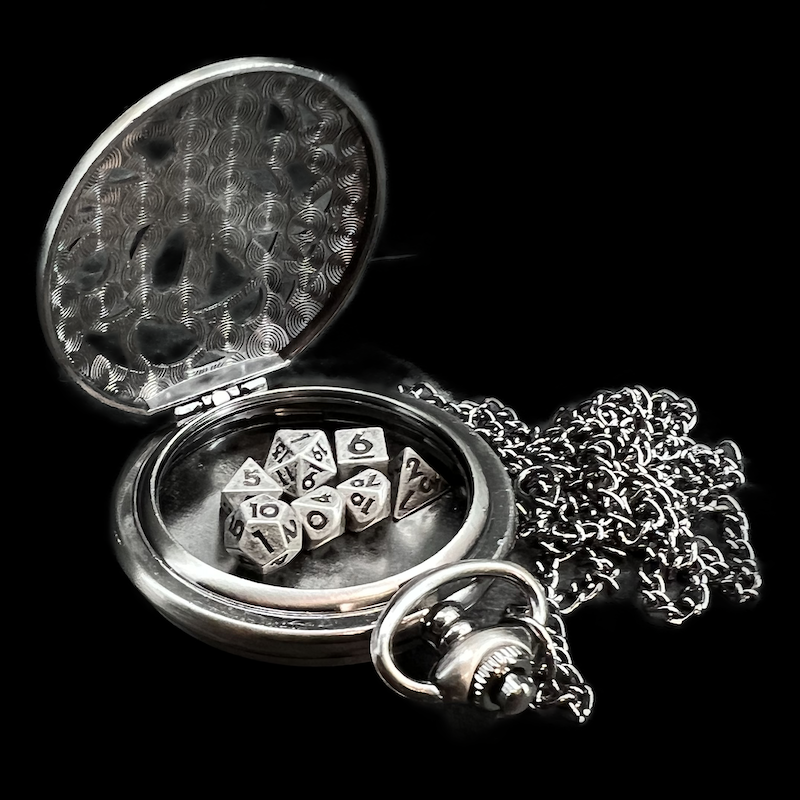 TDSO Antique Silver Metal Cthulhu Fob Watch Case With Micro 7mm 7 Dice Polyset