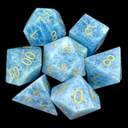 TDSO Gemstone Natural Aquamarine & Gold 7 Dice Polyset In Padded Case