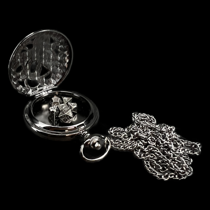 TDSO Black Nickel Metal Cthulhu Fob Watch Case With Micro 7mm 7 Dice Polyset