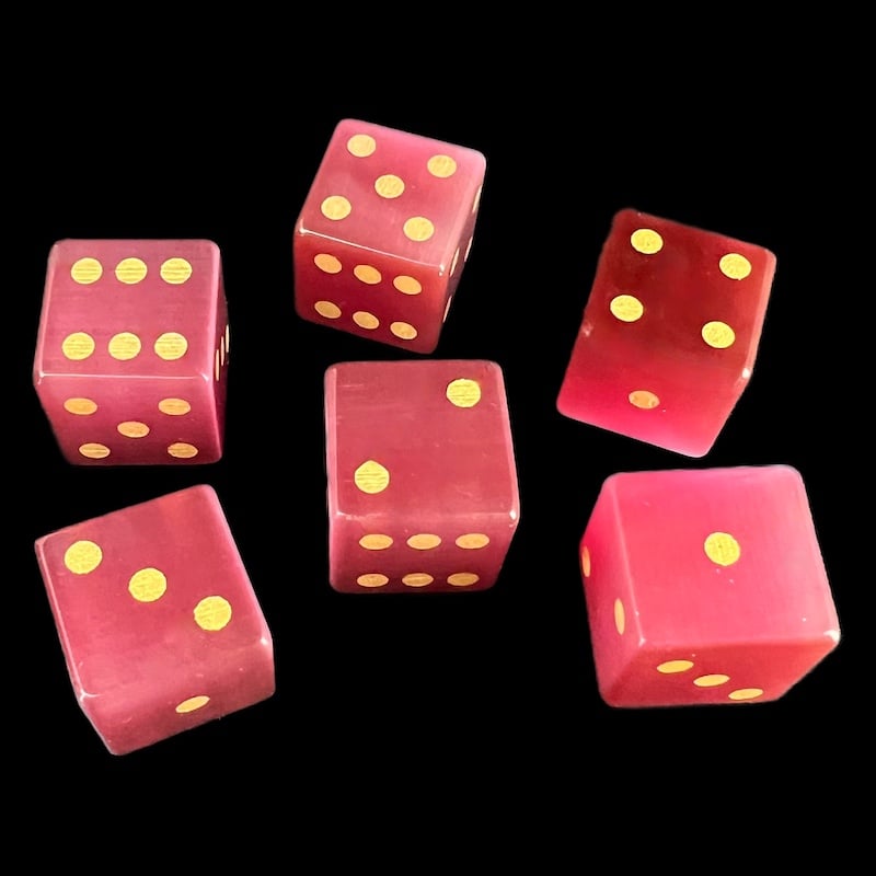 TDSO Cats Eye Glass Pink & Gold 6 x D6 Spot Dice Set In Padded Case