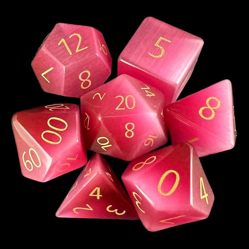 TDSO Cats Eye Glass Pink & Gold 7 Dice Polyset In Padded Case