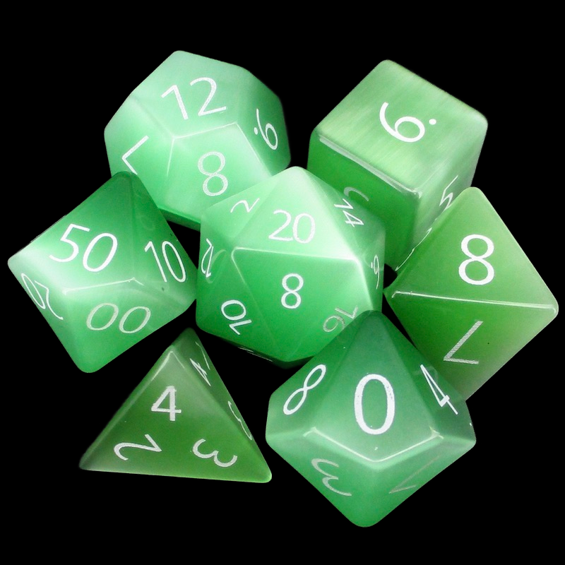 TDSO Cats Eye Glass Light Green & White 7 Dice Polyset