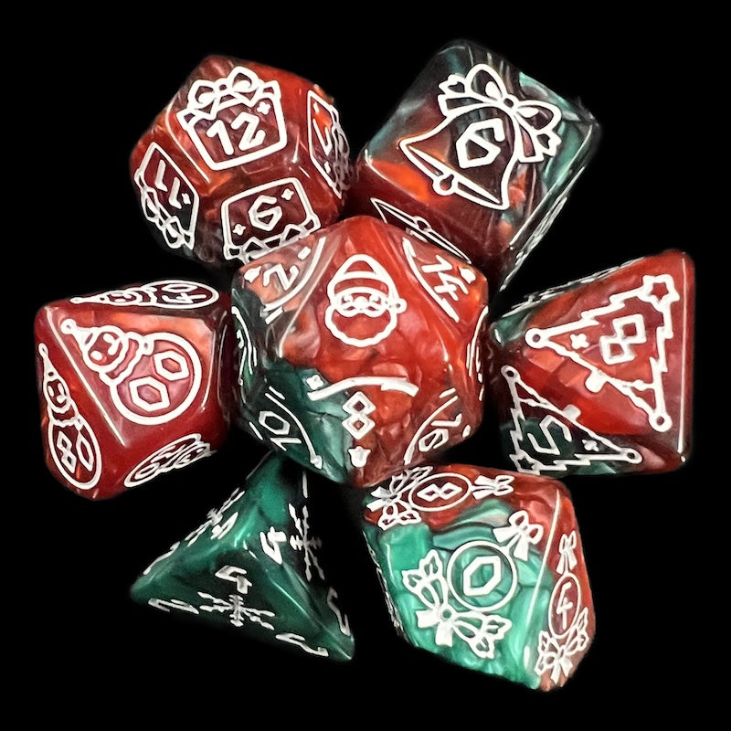 TDSO Christmas Duel Green Red & White 7 Dice Polyset