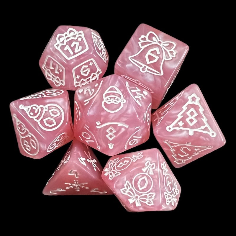 TDSO Christmas Pearl Pink & White 7 Dice Polyset