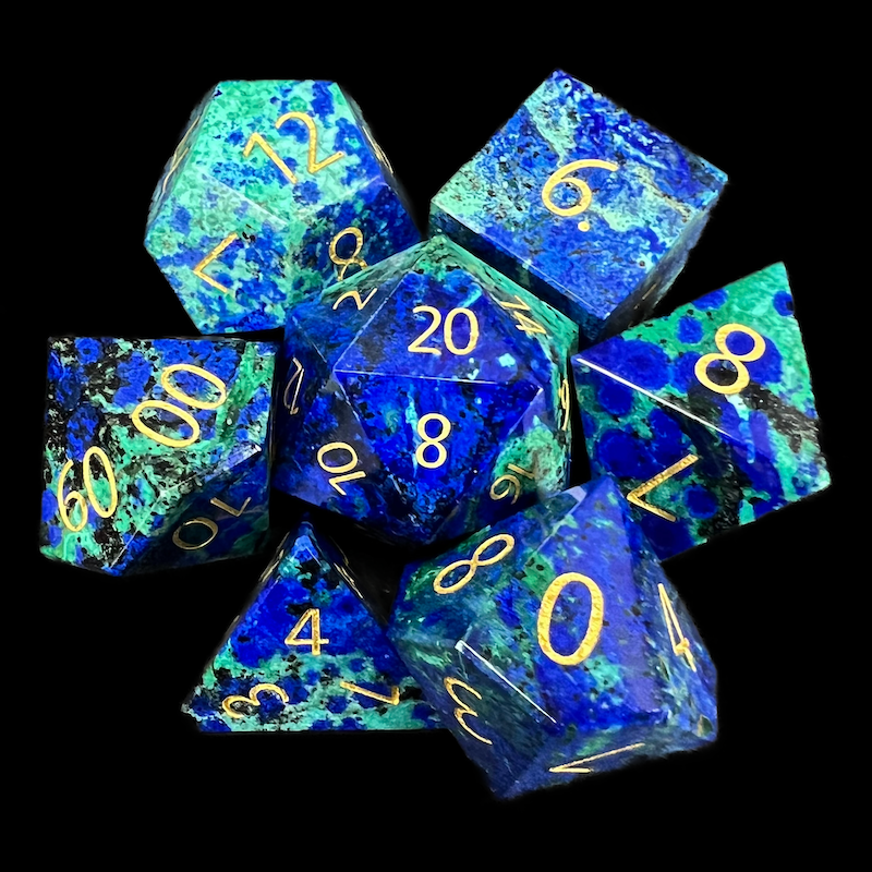 TDSO Gemstone Chrysocolla & Gold 7 Dice Polyset In Padded Case