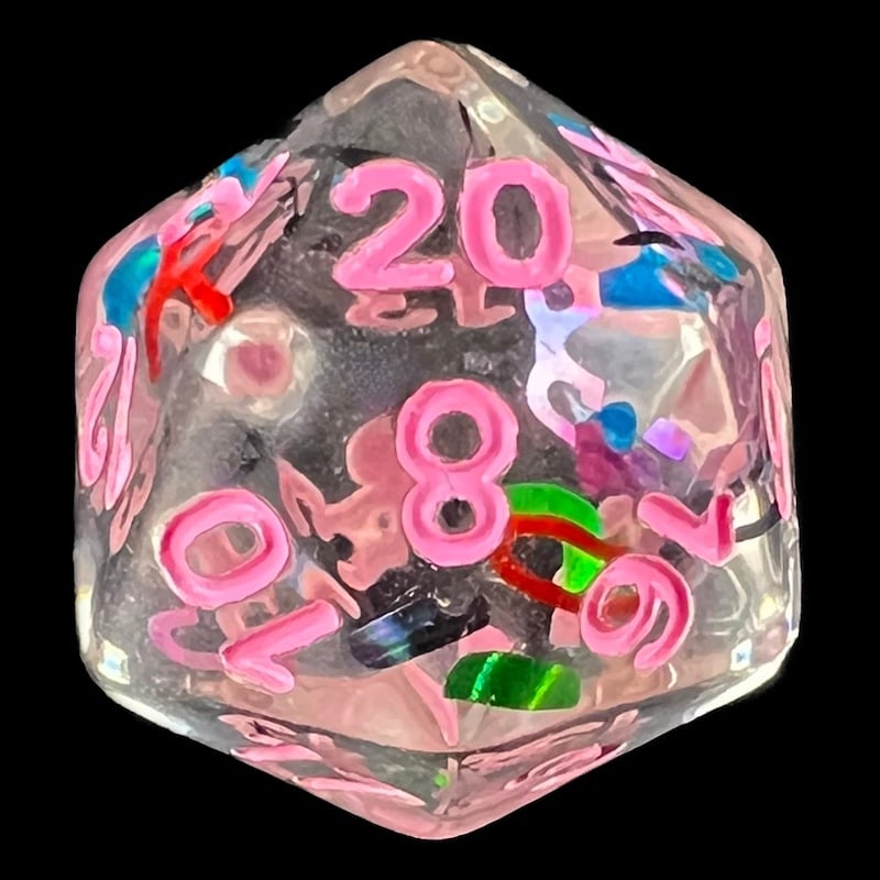 TDSO Confetti Alphabet Clear & Pink D20 Dice