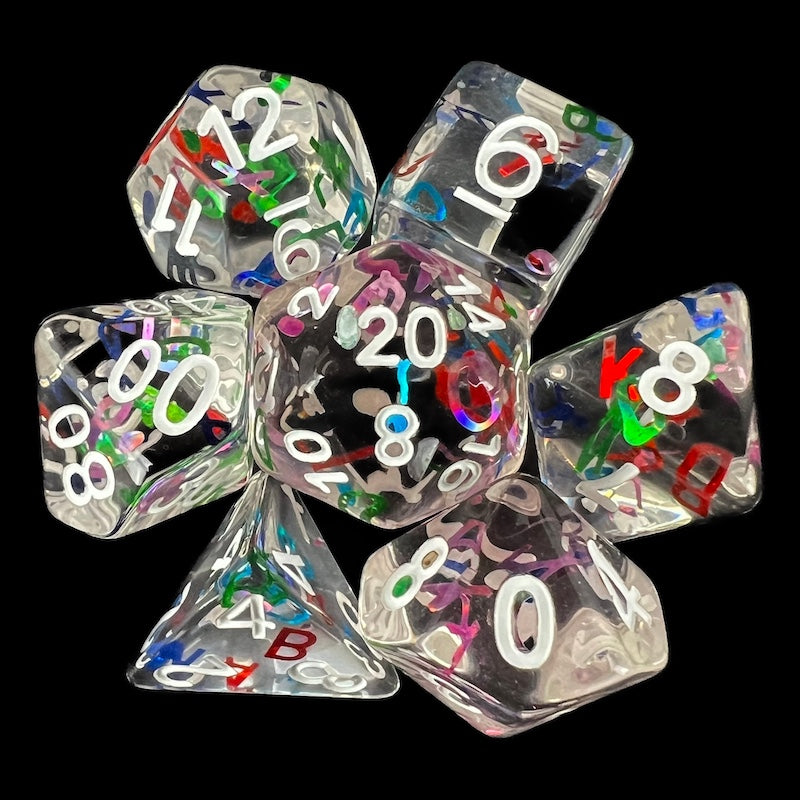 TDSO Confetti Alphabet Clear & White 7 Dice Polyset