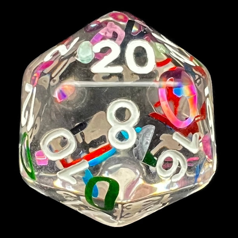 TDSO Confetti Alphabet Clear & White D20 Dice